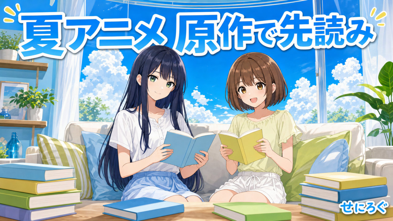 夏アニメ 原作で先読みガイドのアイキャッチ（奏と茜が夏に読書するイラスト）